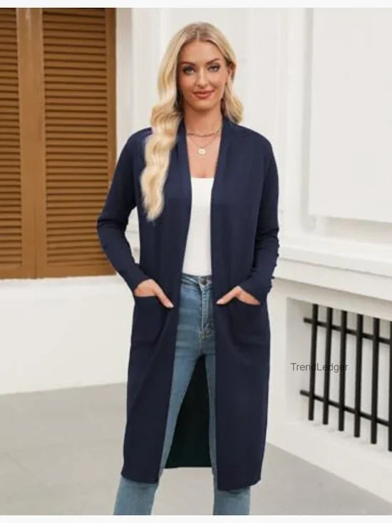 Long Sleeve Open Front Cardigan Sweater with Pockets, Lightweight Knit - Picture 4 of 7